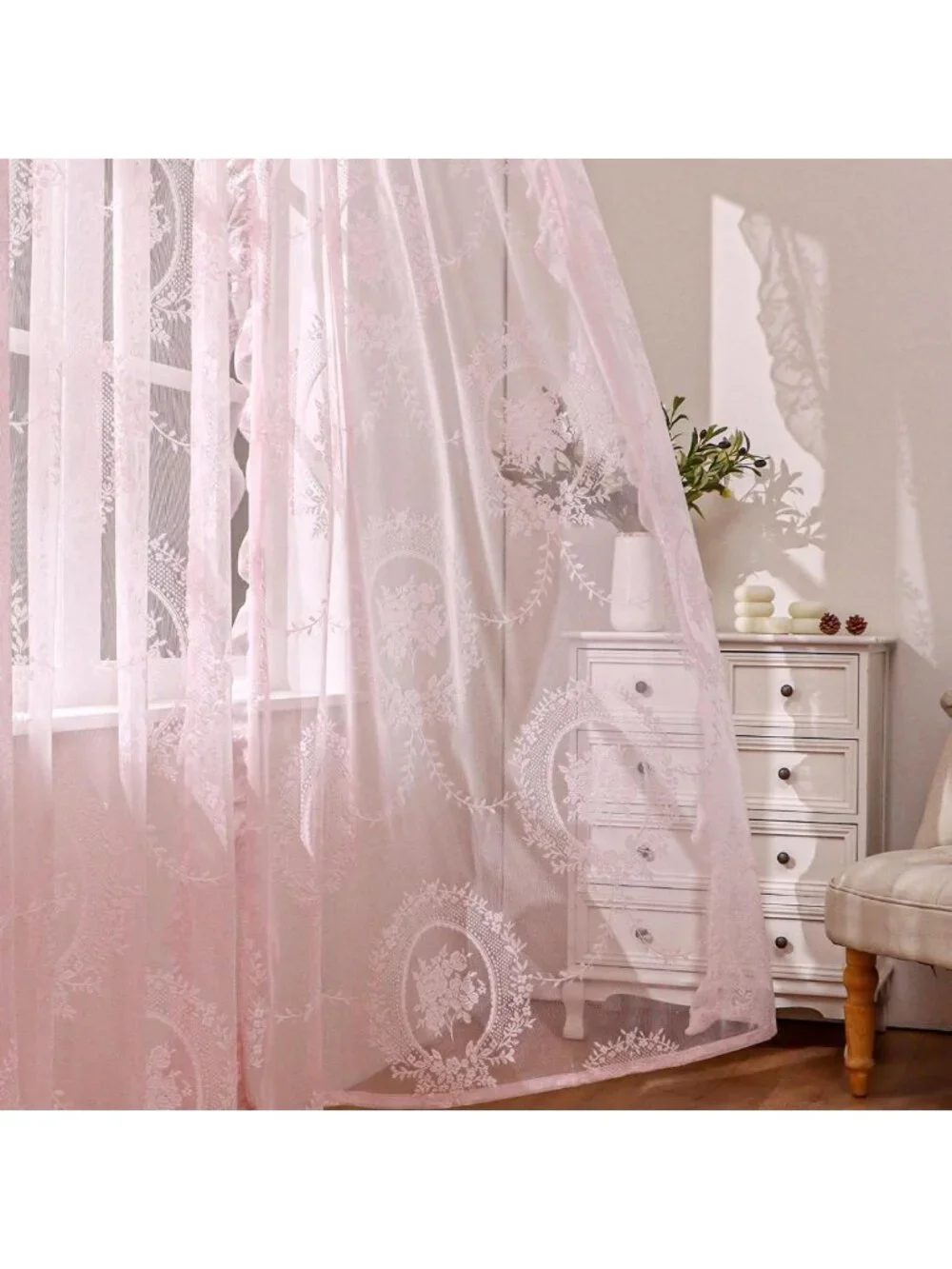 102” Pink Lace Curtains Set - Vintage Boho Sheer Floral Embroidery Window